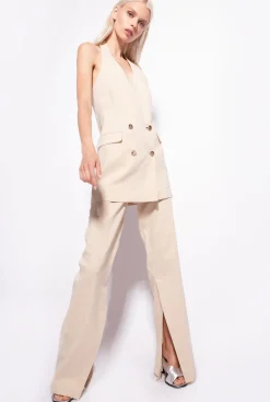 Tailleurs Et Ensembles|PINKO Gilet Long En Lin Beige Amande Glacee