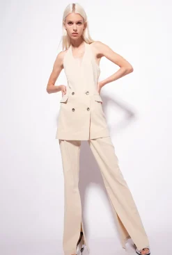 Tailleurs Et Ensembles|PINKO Gilet Long En Lin Beige Amande Glacee