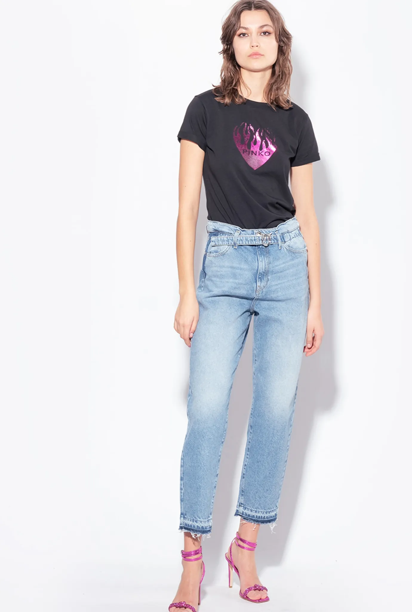 Jeans|PINKO Jean Mom Fit Vintage Ceinture Delavage Clair Vintage