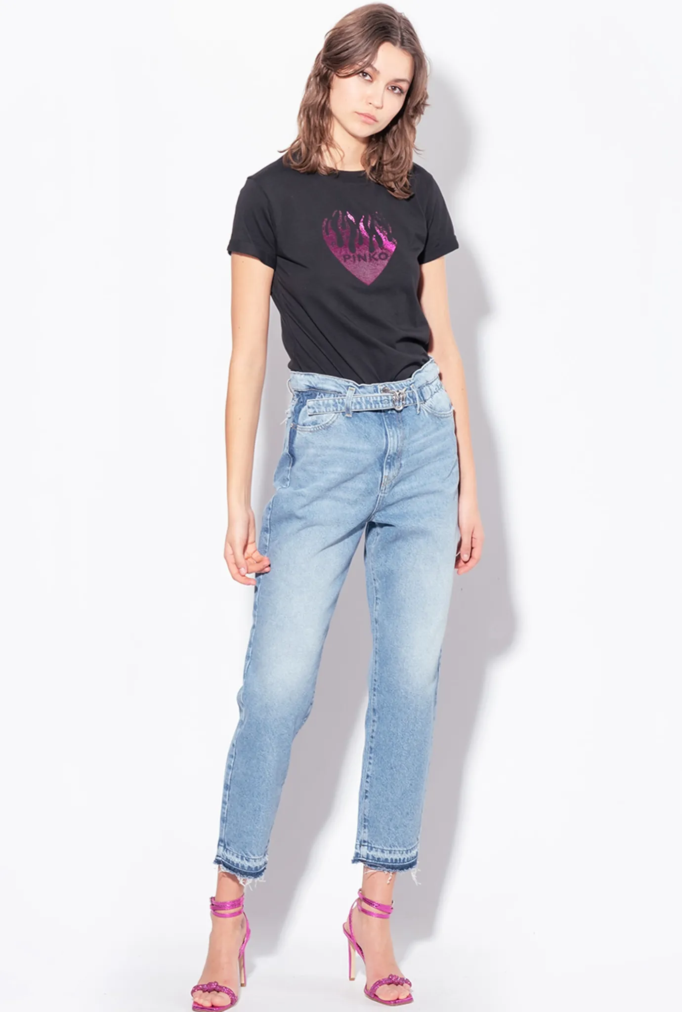 Jeans|PINKO Jean Mom Fit Vintage Ceinture Delavage Clair Vintage