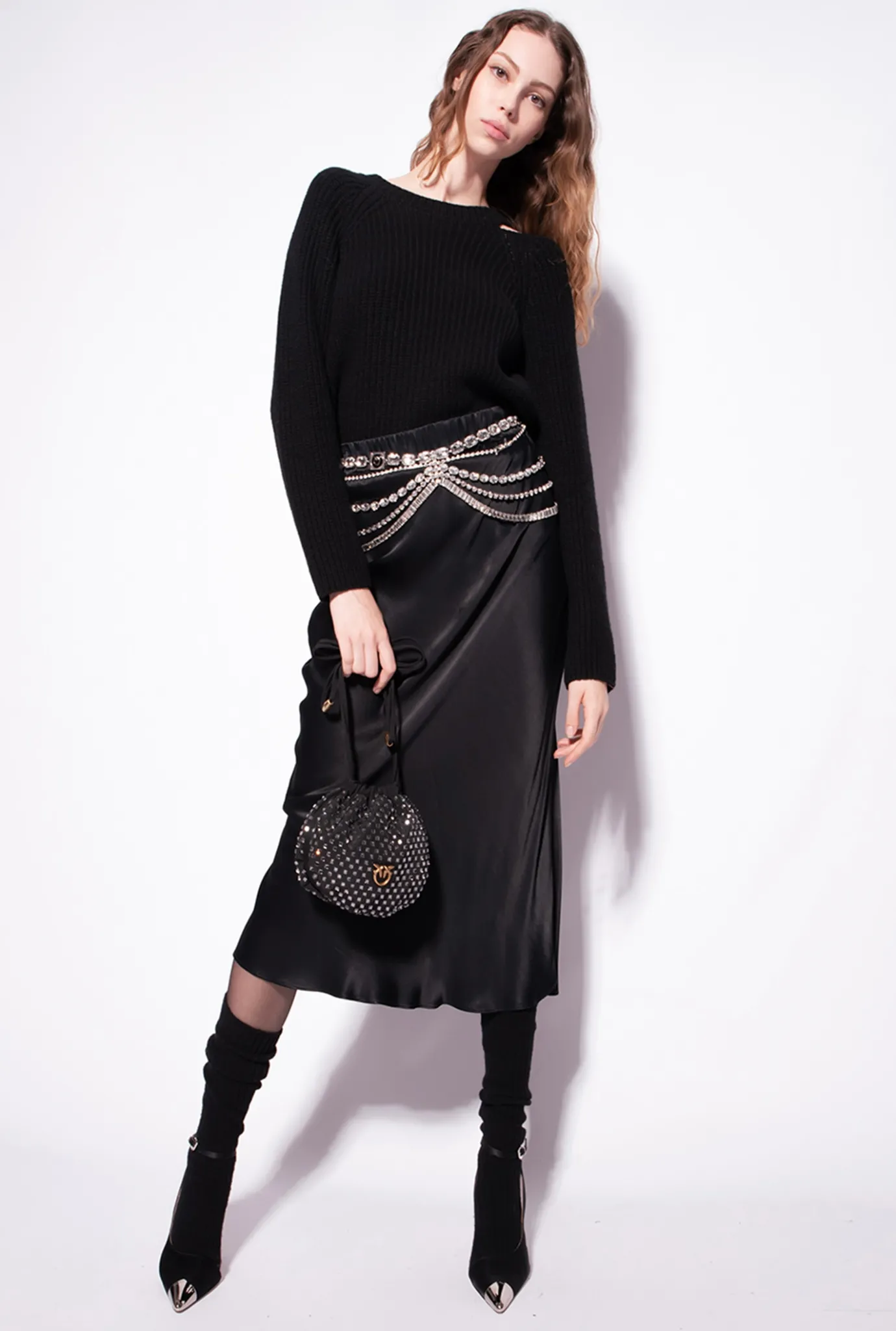 Jupes|PINKO Jupe En Satin Avec Ceinture Bijou Noir Limousine