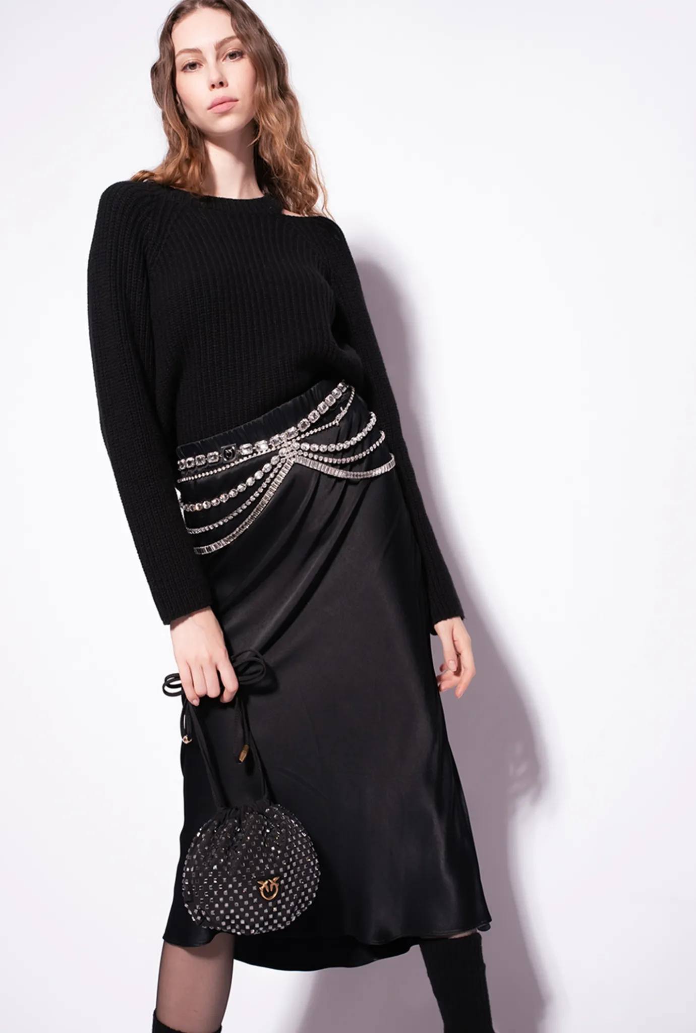 Jupes|PINKO Jupe En Satin Avec Ceinture Bijou Noir Limousine