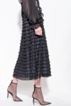 Jupes|PINKO Jupe Longue En Tulle A Volants Noir/Lilas