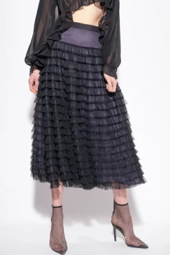 Jupes|PINKO Jupe Longue En Tulle A Volants Noir/Lilas