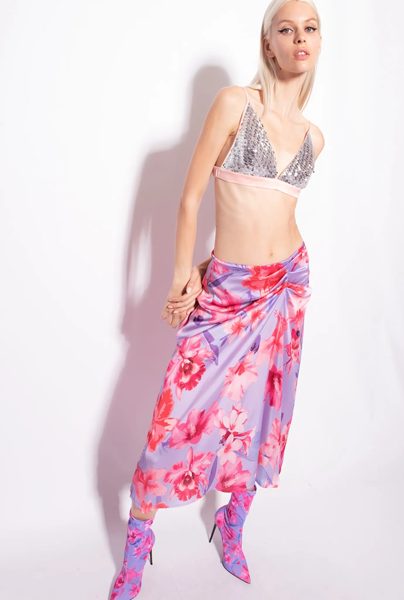 Jupes|PINKO Jupe Midi A Imprime Floral Lilas/Rose Clair/Fuchsia