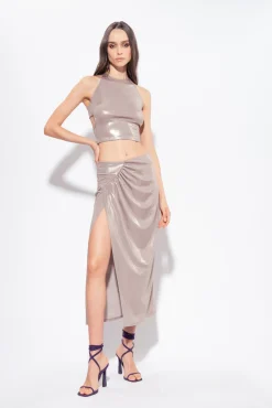 Jupes|PINKO Jupe Midi En Jersey Lame Effet Mouille Beige Champignon
