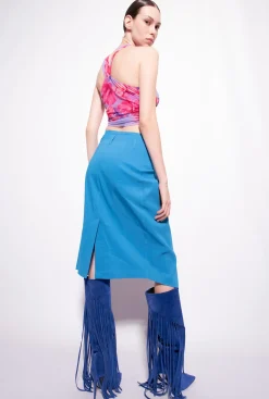 Jupes|PINKO Jupe Mi-Longue En Lin Bleu Directoire