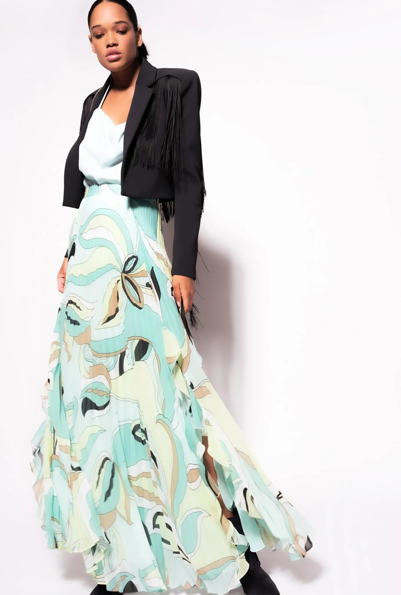 Jupes|PINKO Jupe Plissee A Imprime Fleuri Multicolore - Vert D'Eau/Beige