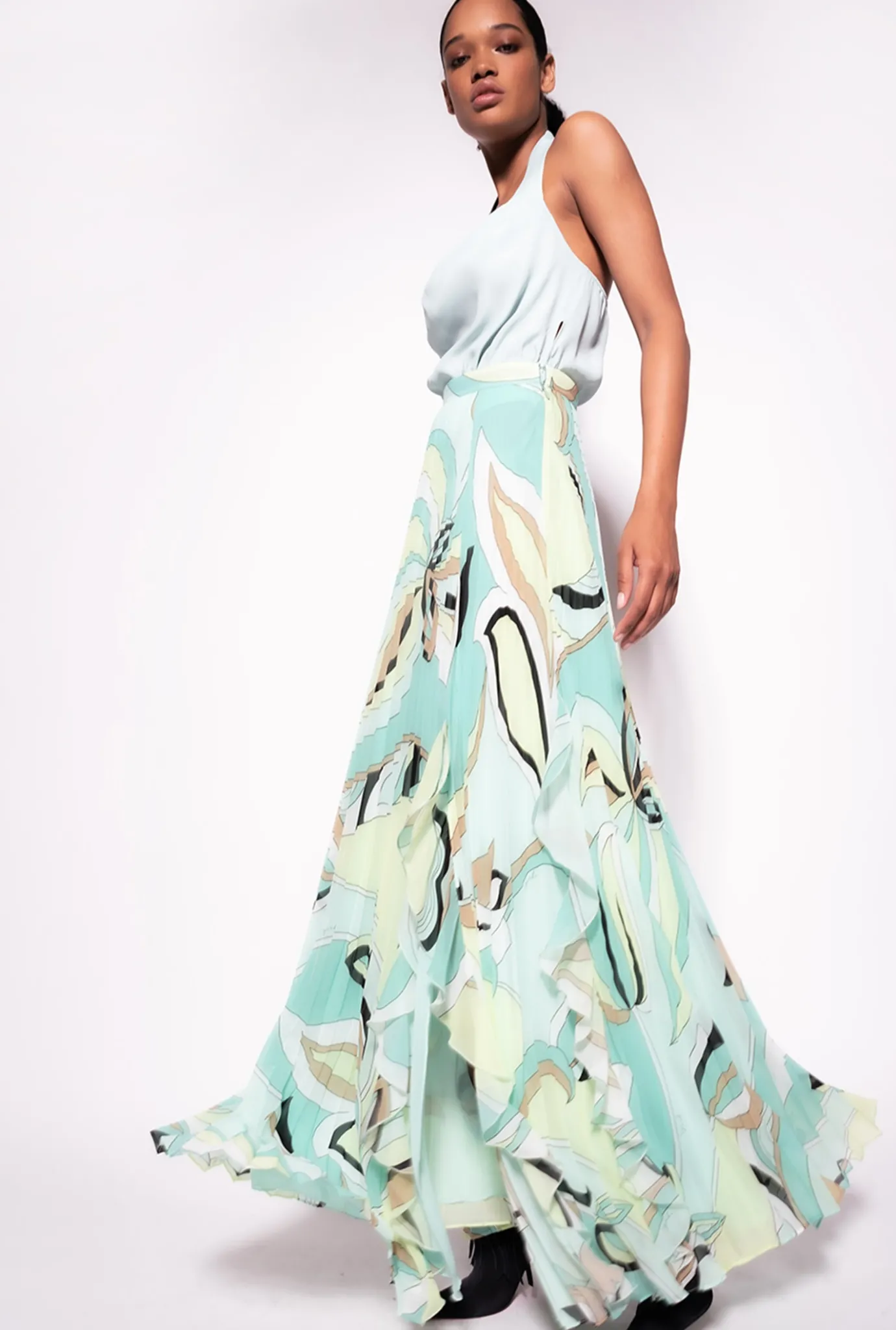Jupes|PINKO Jupe Plissee A Imprime Fleuri Multicolore - Vert D'Eau/Beige