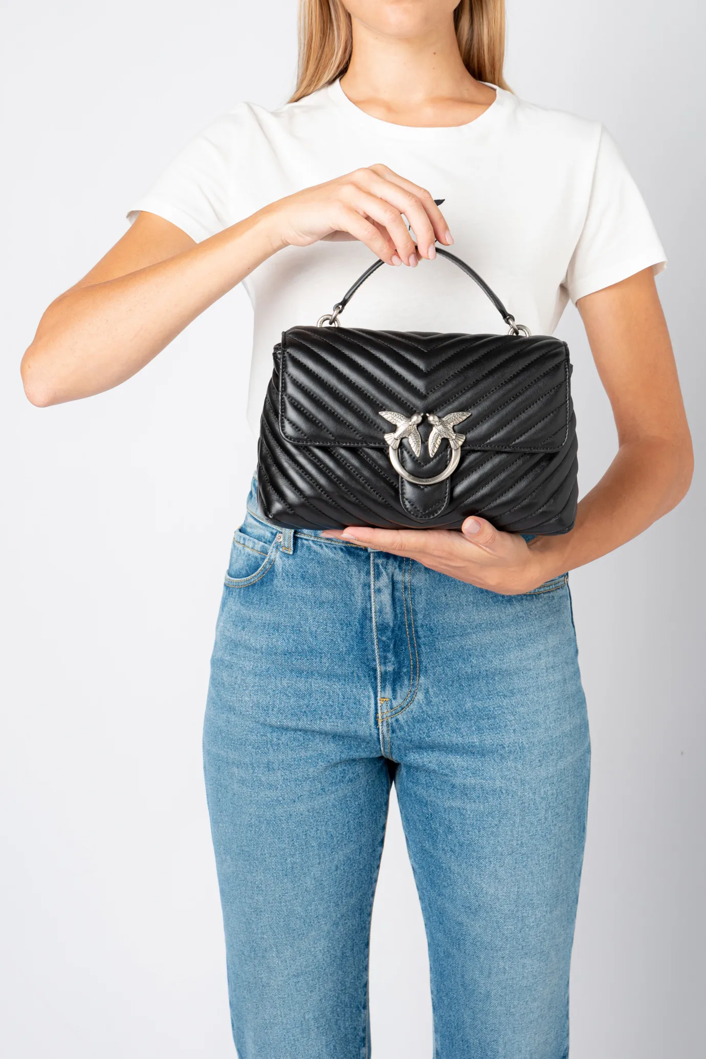 Sacs À Main|PINKO Lady Love Bag Puff Chevron Noir-Vieil Argent