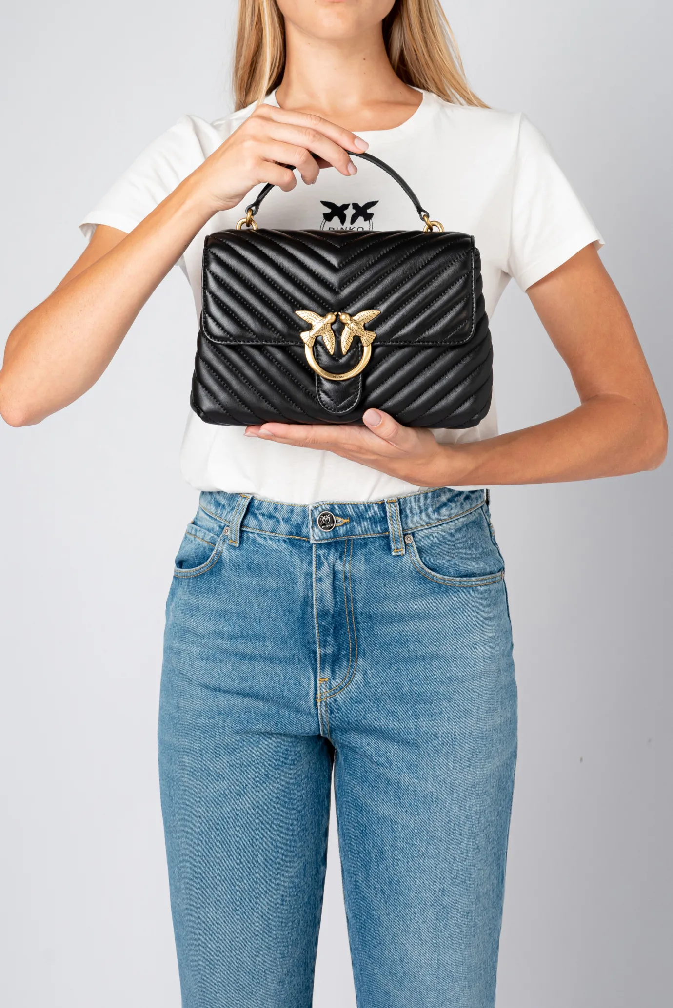 Sacs À Main|PINKO Lady Love Bag Puff Chevron Noir-Vieil Or