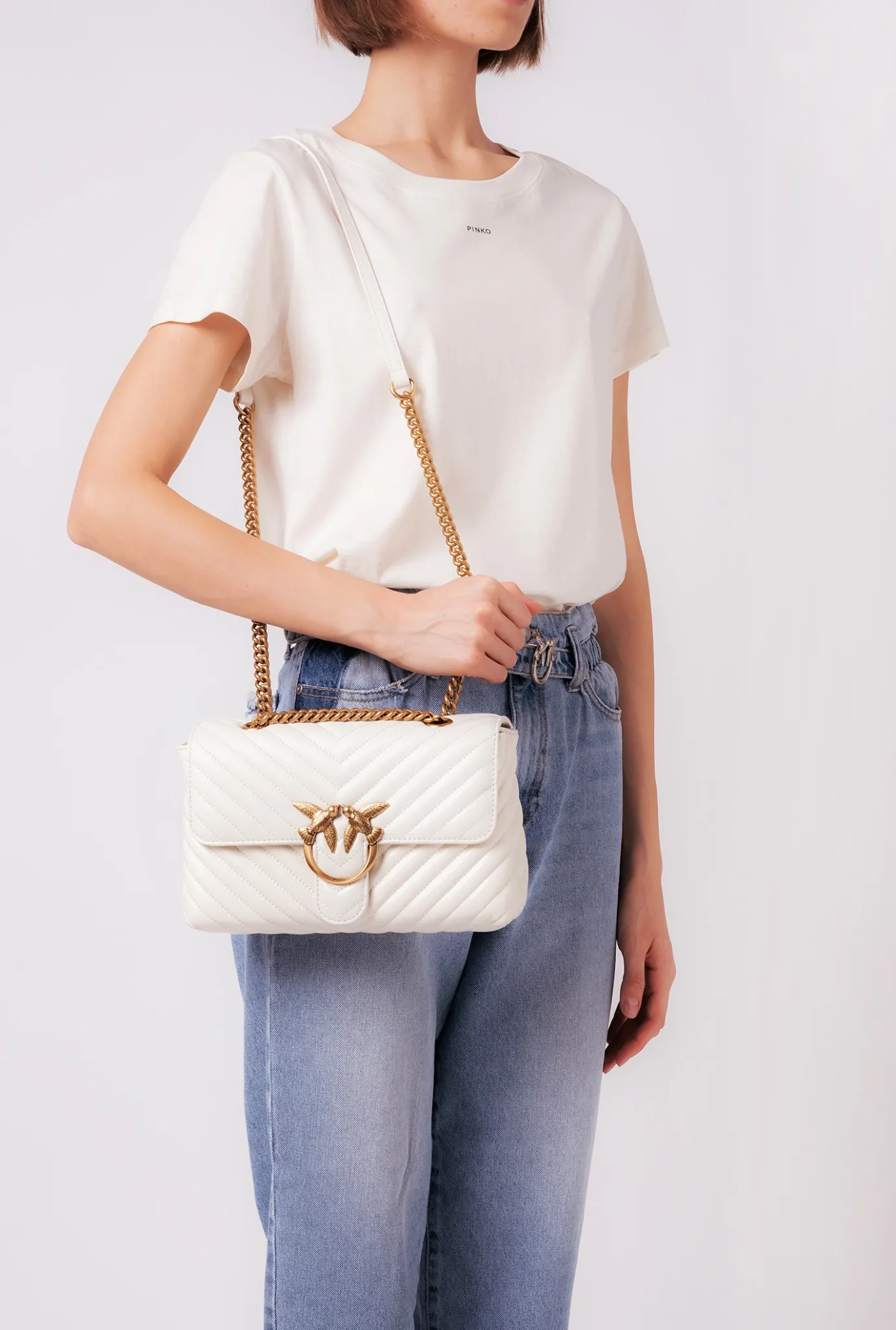 Sacs Portés Épaule|PINKO Lady Love Bag Puff V Quilt Blanc+Blanc-Or Antique