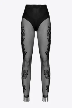 Tailleurs Et Ensembles|PINKO Leggings En Tulle A Broderie Facon Tatouage Noir Limousine