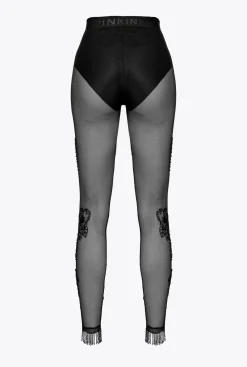 Tailleurs Et Ensembles|PINKO Leggings En Tulle A Broderie Facon Tatouage Noir Limousine