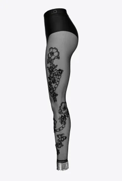 Tailleurs Et Ensembles|PINKO Leggings En Tulle A Broderie Facon Tatouage Noir Limousine