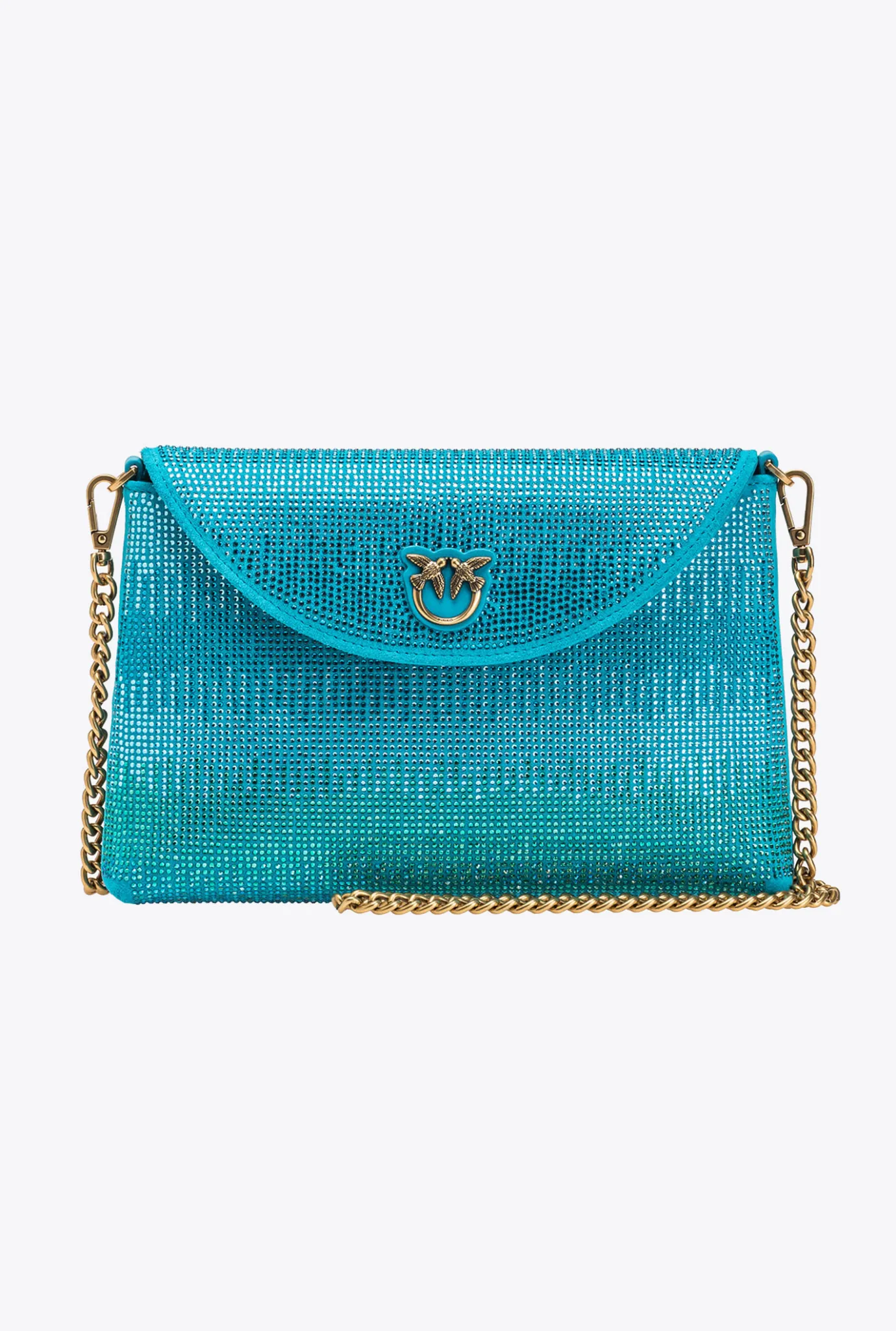 Sacs De Soirée|PINKO Love Bag Soft Envelope Full Strass Turquoise-Or Antique