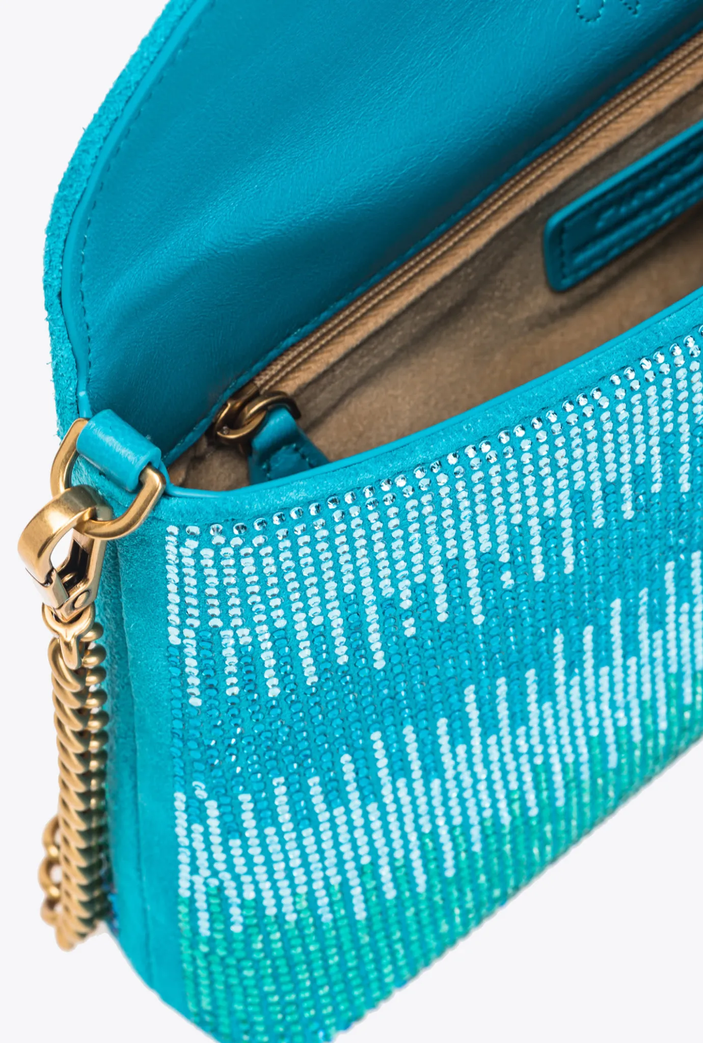 Sacs De Soirée|PINKO Love Bag Soft Envelope Full Strass Turquoise-Or Antique
