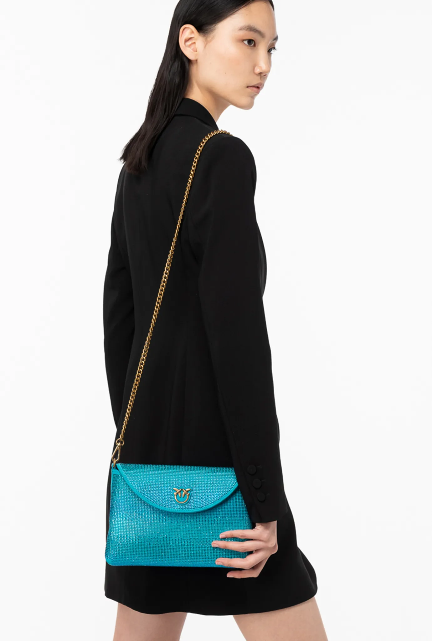 Sacs De Soirée|PINKO Love Bag Soft Envelope Full Strass Turquoise-Or Antique