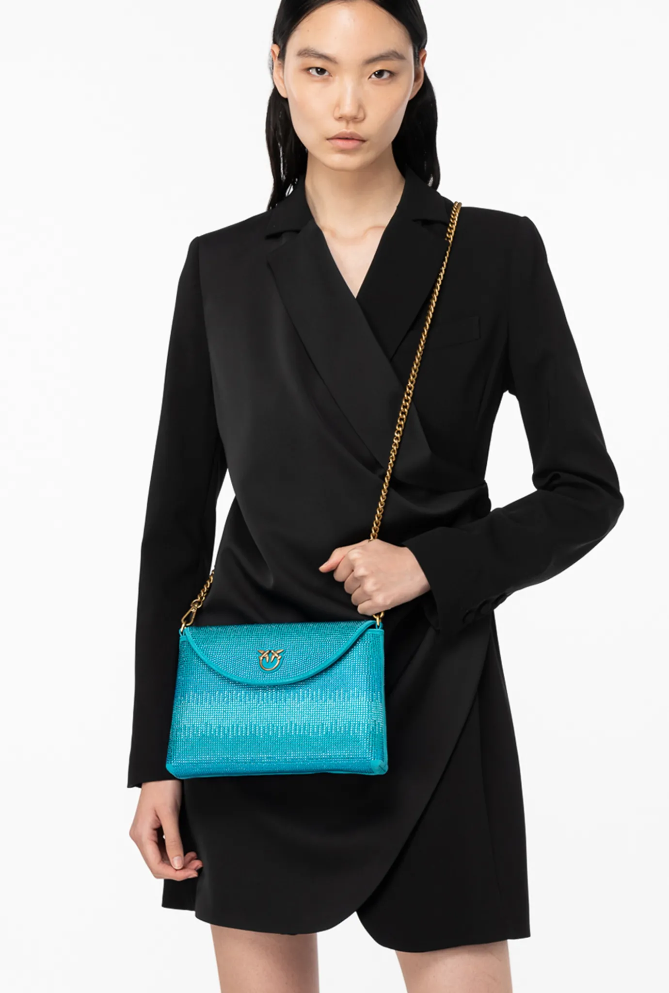 Sacs De Soirée|PINKO Love Bag Soft Envelope Full Strass Turquoise-Or Antique