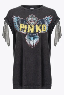 Topwear|PINKO Maxi T-Shirt Wing And Logo Gris-Noir Intense