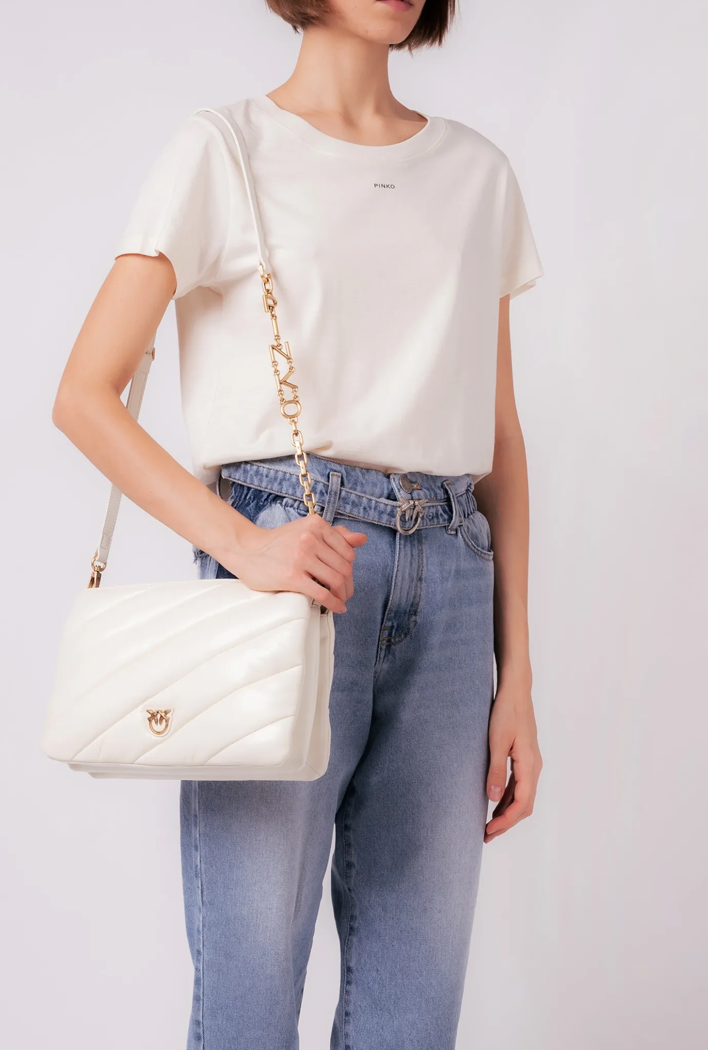 Sacs À Bandoulière|PINKO Medium Twins Bag Maxi Quilt Blanc+Blanc-Or Antique