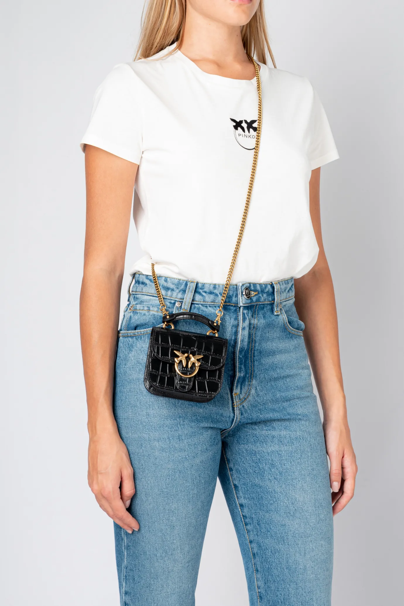 Sacs De Soirée|PINKO Micro Love Bag Bell Croco Noir-Vieil Or