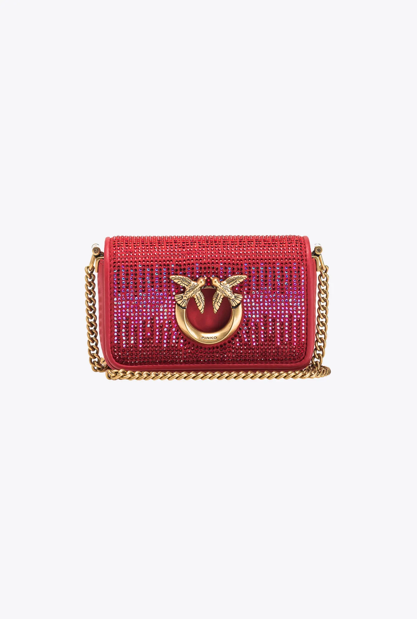 Sacs De Soirée|PINKO Micro Love Bag Click Full Strass Rouge Grenat-Or Antique
