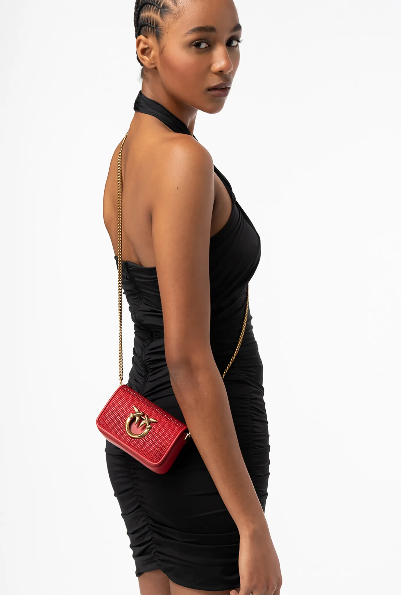 Sacs De Soirée|PINKO Micro Love Bag Click Full Strass Rouge Grenat-Or Antique