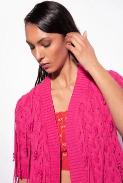 Topwear|PINKO Mini Cardigan Bord A Bord A Perles Rouge Framboise