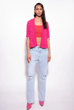 Topwear|PINKO Mini Cardigan Bord A Bord A Perles Rouge Framboise