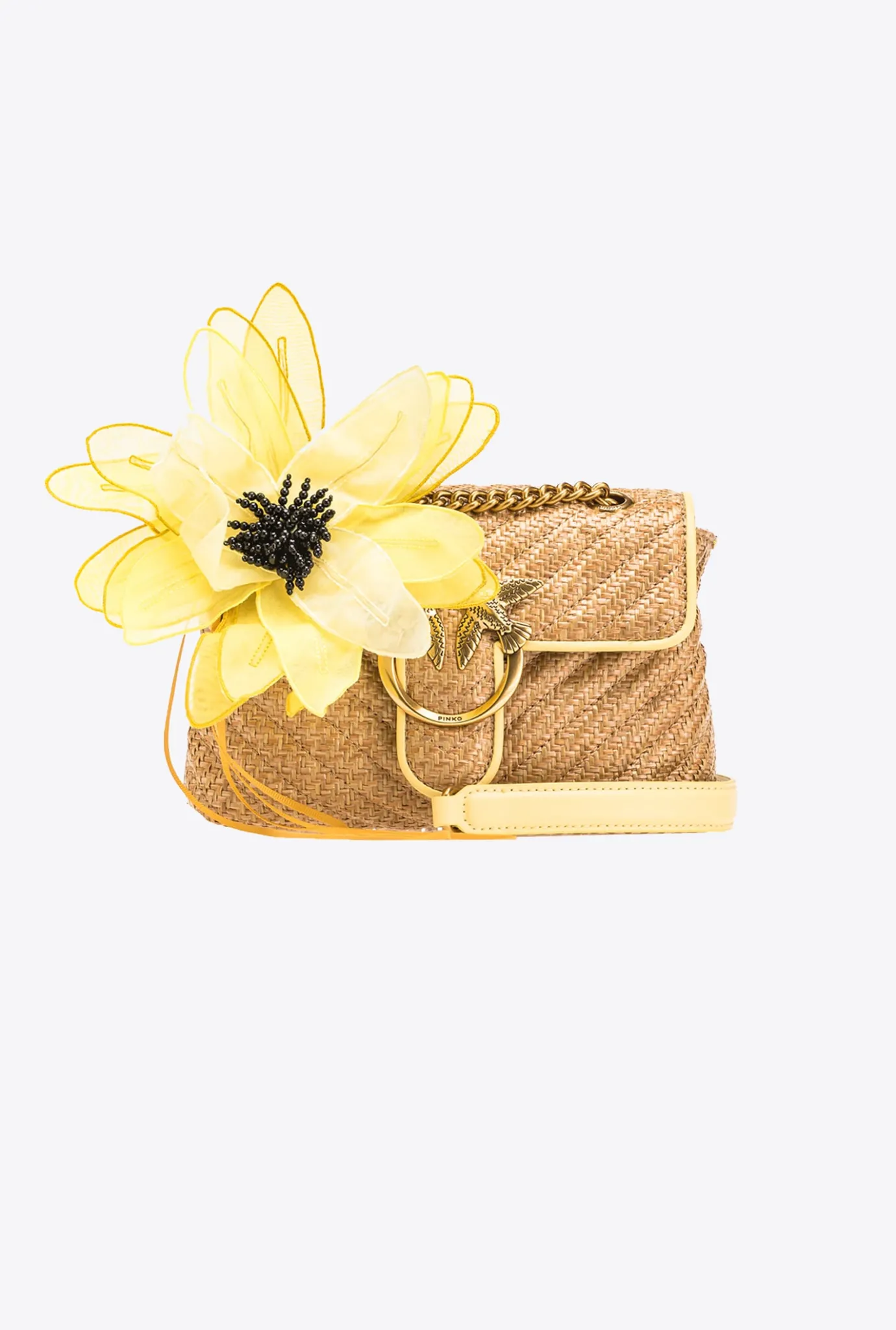 Sacs Portés Épaule|PINKO Mini Lady Love Bag Puff Avec Fleur En Organza Jaune-Raphia-Or Antique