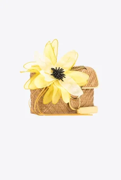 Sacs Portés Épaule|PINKO Mini Lady Love Bag Puff Avec Fleur En Organza Jaune-Raphia-Or Antique