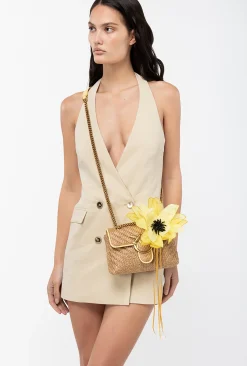 Sacs Portés Épaule|PINKO Mini Lady Love Bag Puff Avec Fleur En Organza Jaune-Raphia-Or Antique