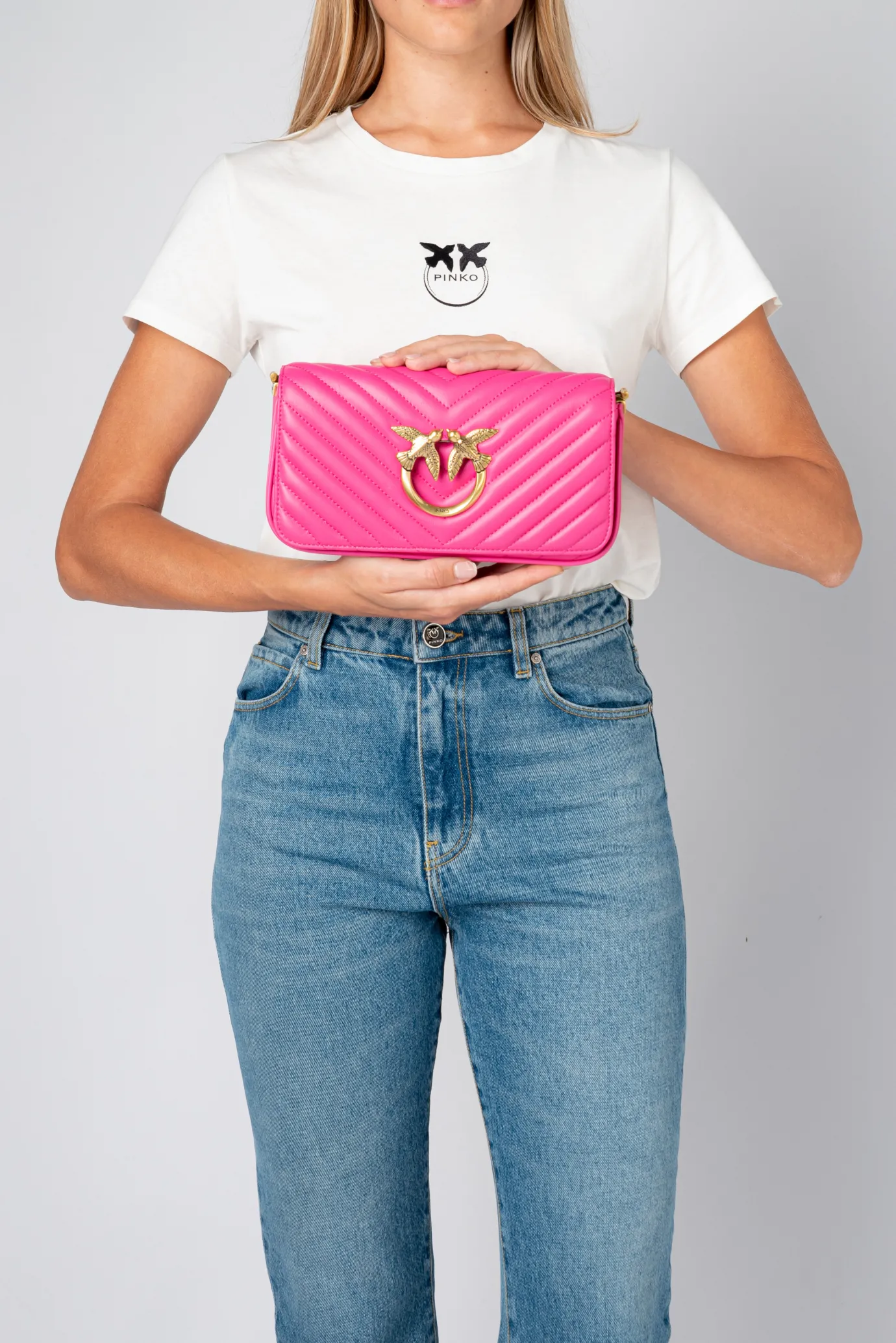 Sacs Portés Épaule|PINKO Mini Love Bag Click Baguette Chevron Fuchsia-Or Antique