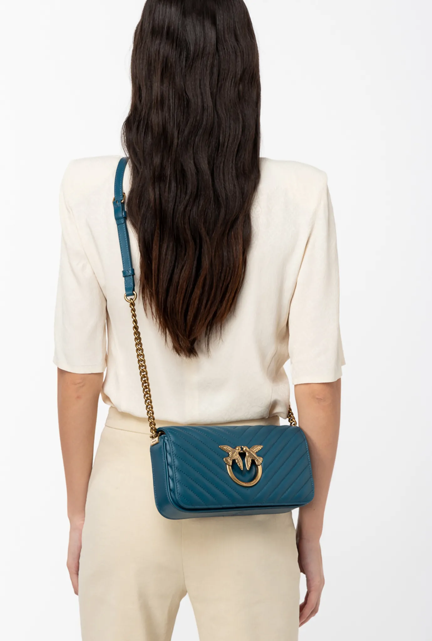 Sacs Portés Épaule|PINKO Mini Love Bag Click Baguette Chevron Sarcelle-Or Antique