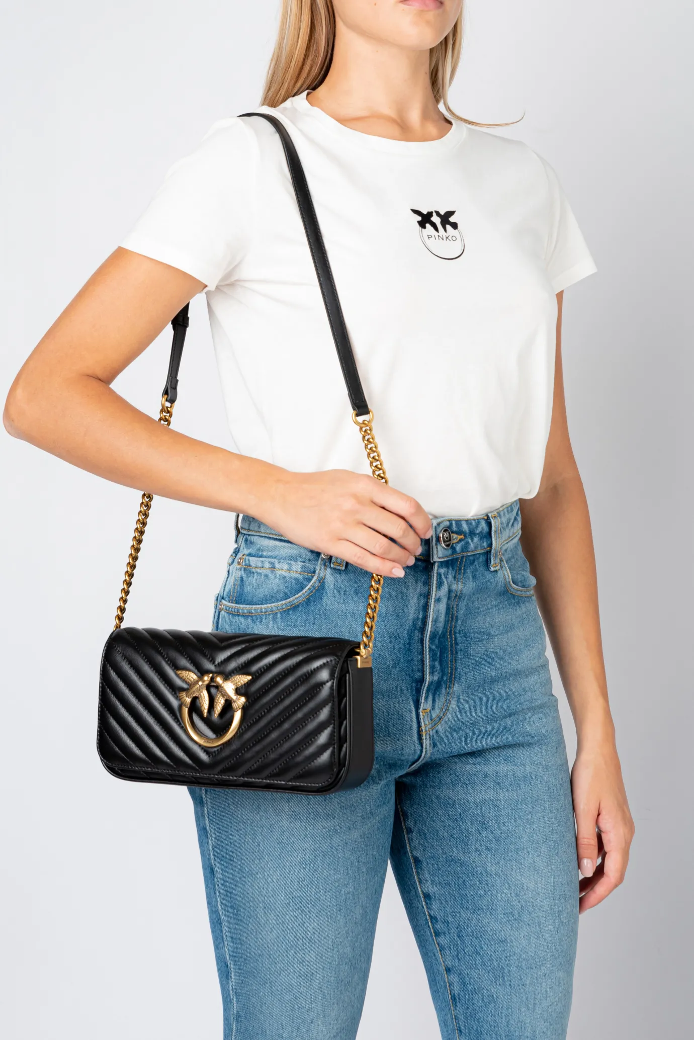 Sacs Portés Épaule|PINKO Mini Love Bag Click Baguette Chevron Noir-Vieil Or