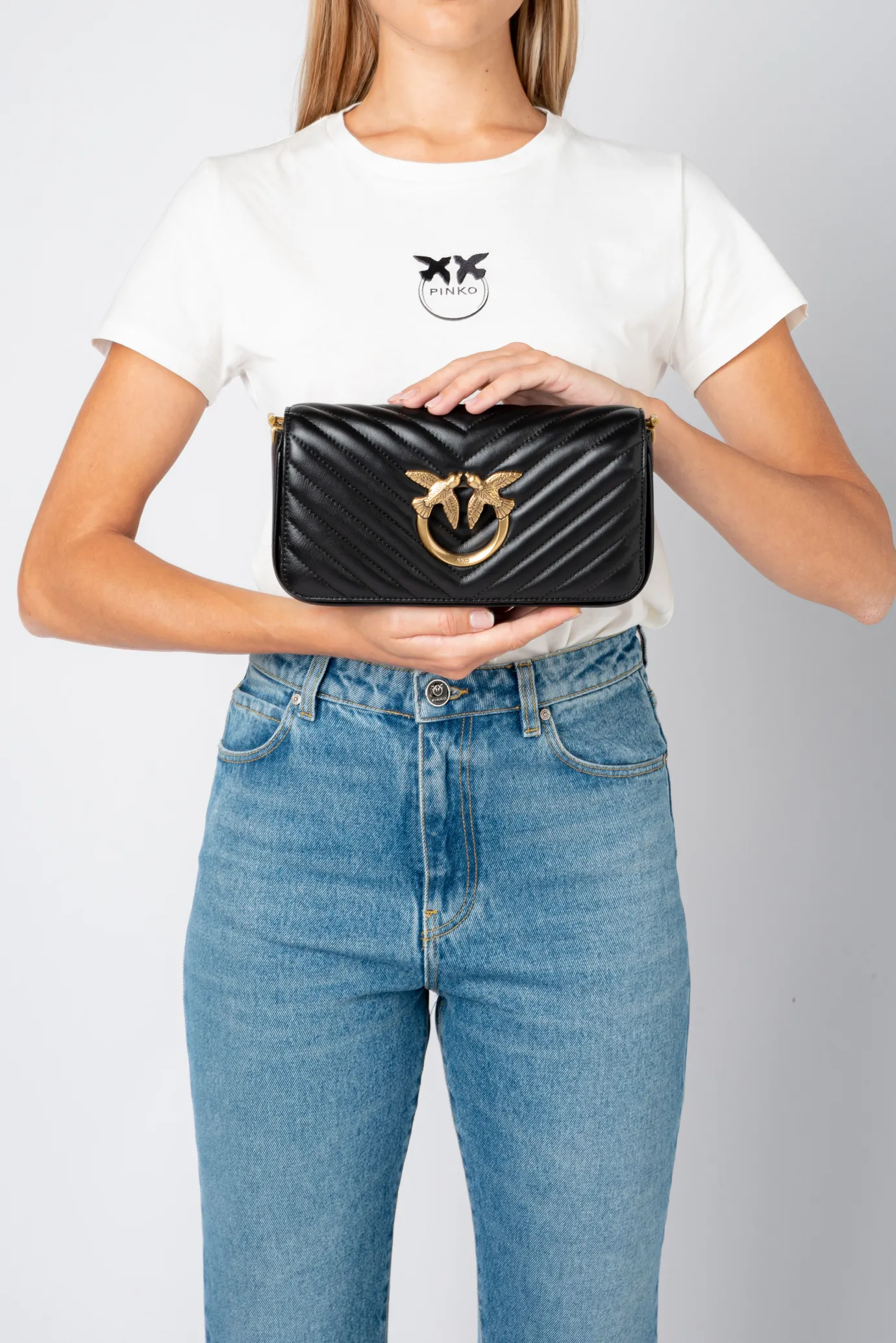 Sacs Portés Épaule|PINKO Mini Love Bag Click Baguette Chevron Noir-Vieil Or