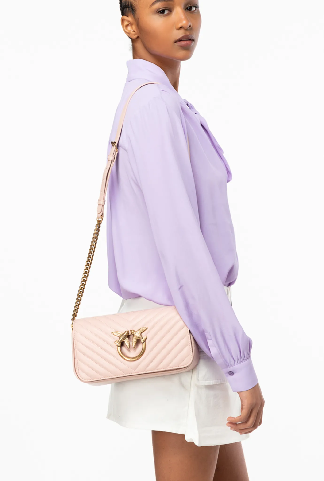 Sacs Portés Épaule|PINKO Mini Love Bag Click Baguette Chevron Rose/Rose Poudre-Or Antique