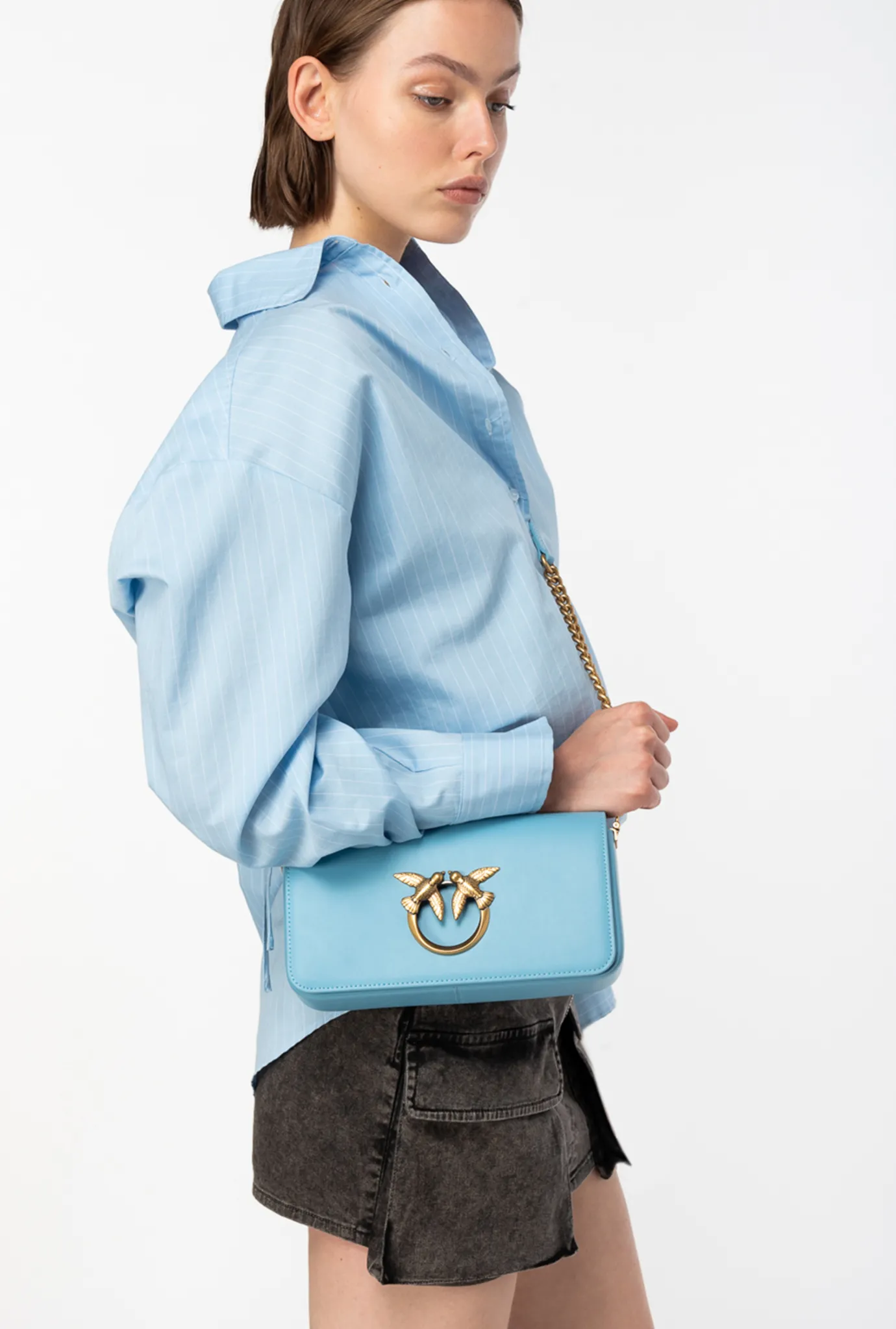 Sacs Portés Épaule|PINKO Mini Love Bag Click Baguette Simply Bleu Ciel-Or Antique