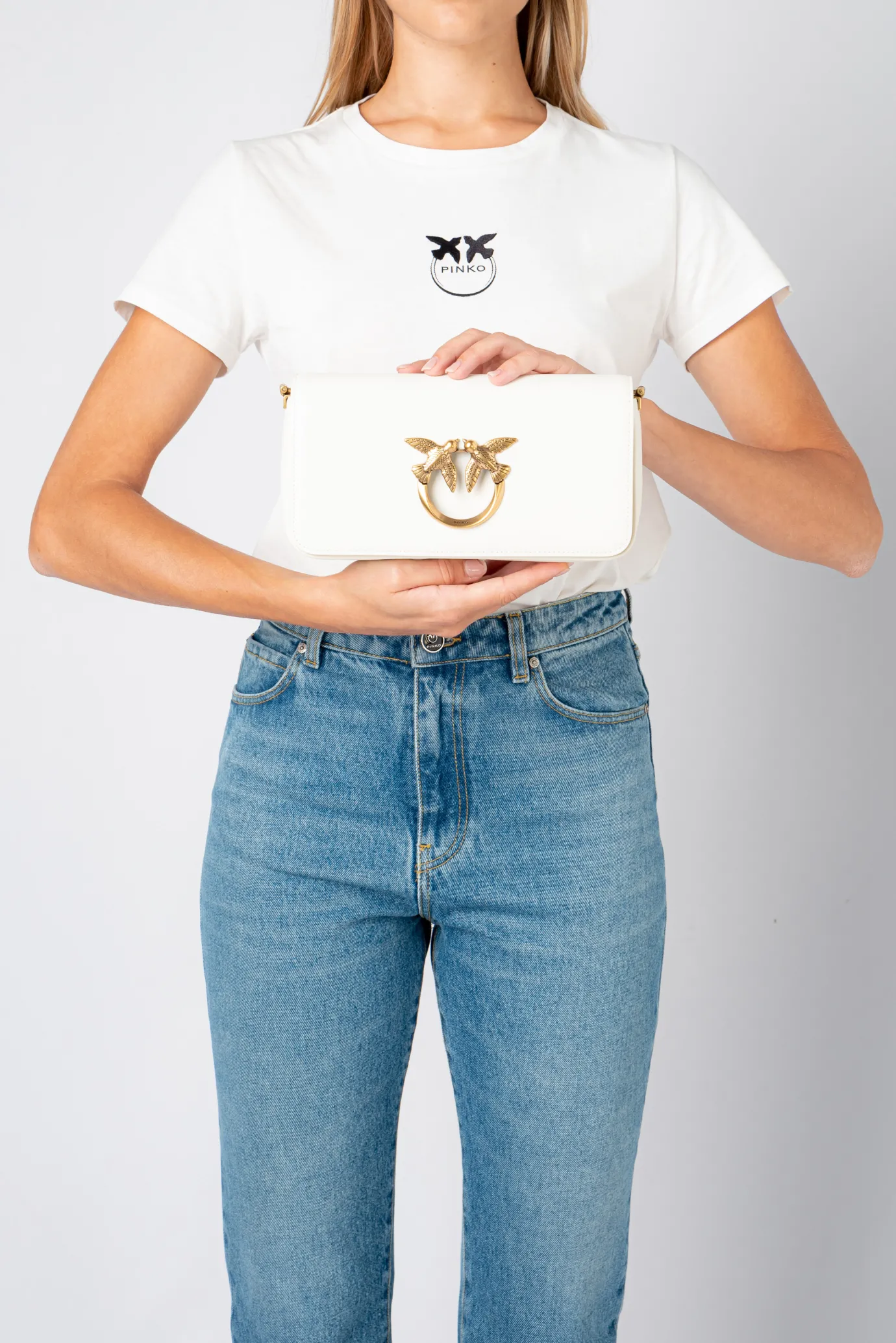 Sacs À Bandoulière|PINKO Mini Love Bag Click Baguette Simply Blanc+Blanc-Or Antique