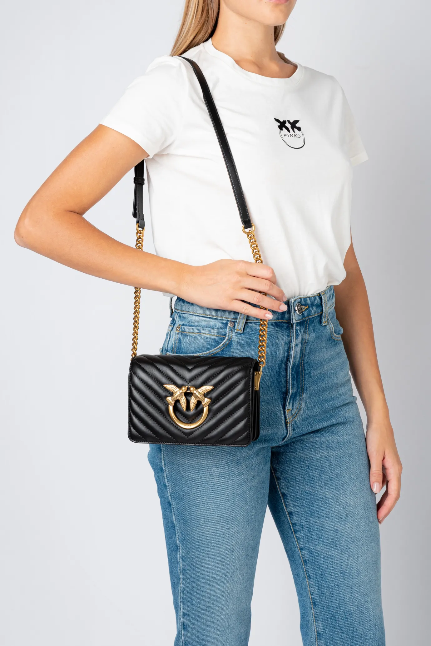 Sacs À Bandoulière|PINKO Mini Love Bag Click Chevron Noir-Vieil Or