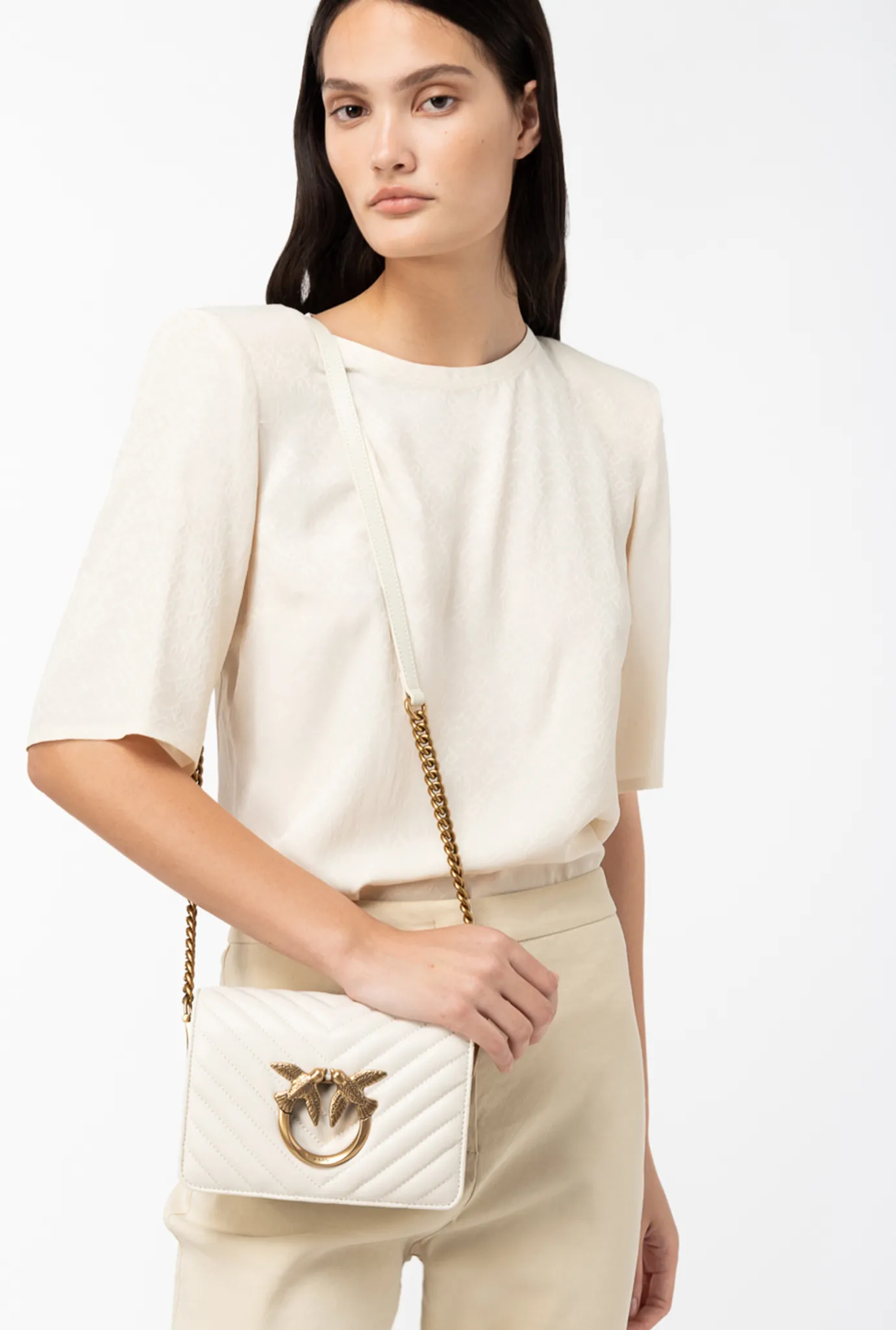 Sacs À Bandoulière|PINKO Mini Love Bag Click Chevron Blanc+Blanc-Or Antique