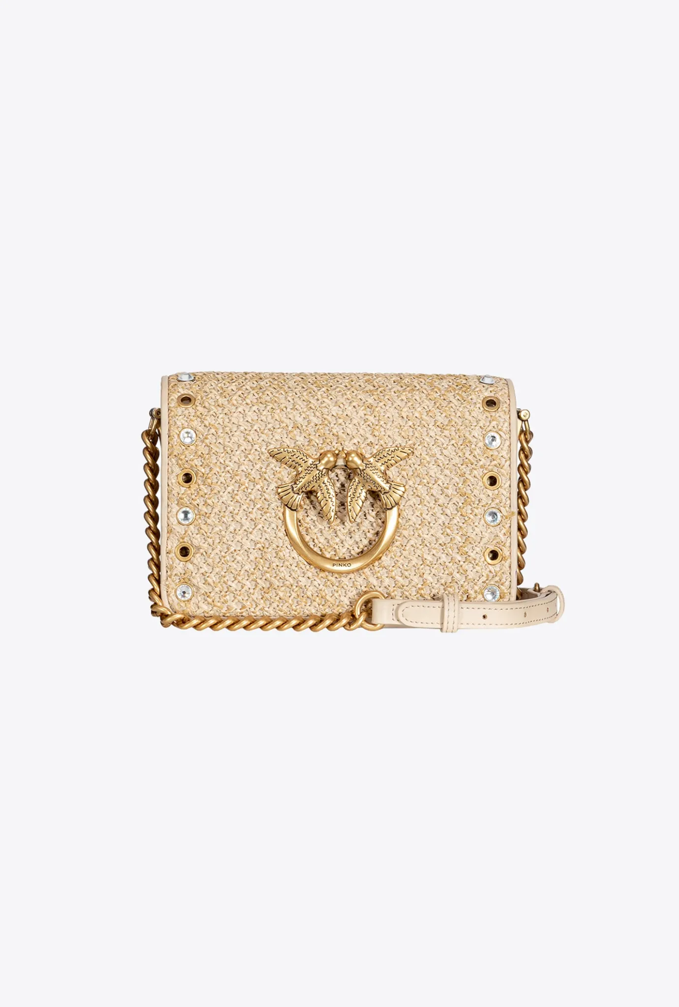 Sacs De Soirée|PINKO Mini Love Bag Click En Raphia A Strass Sable-Or Antique