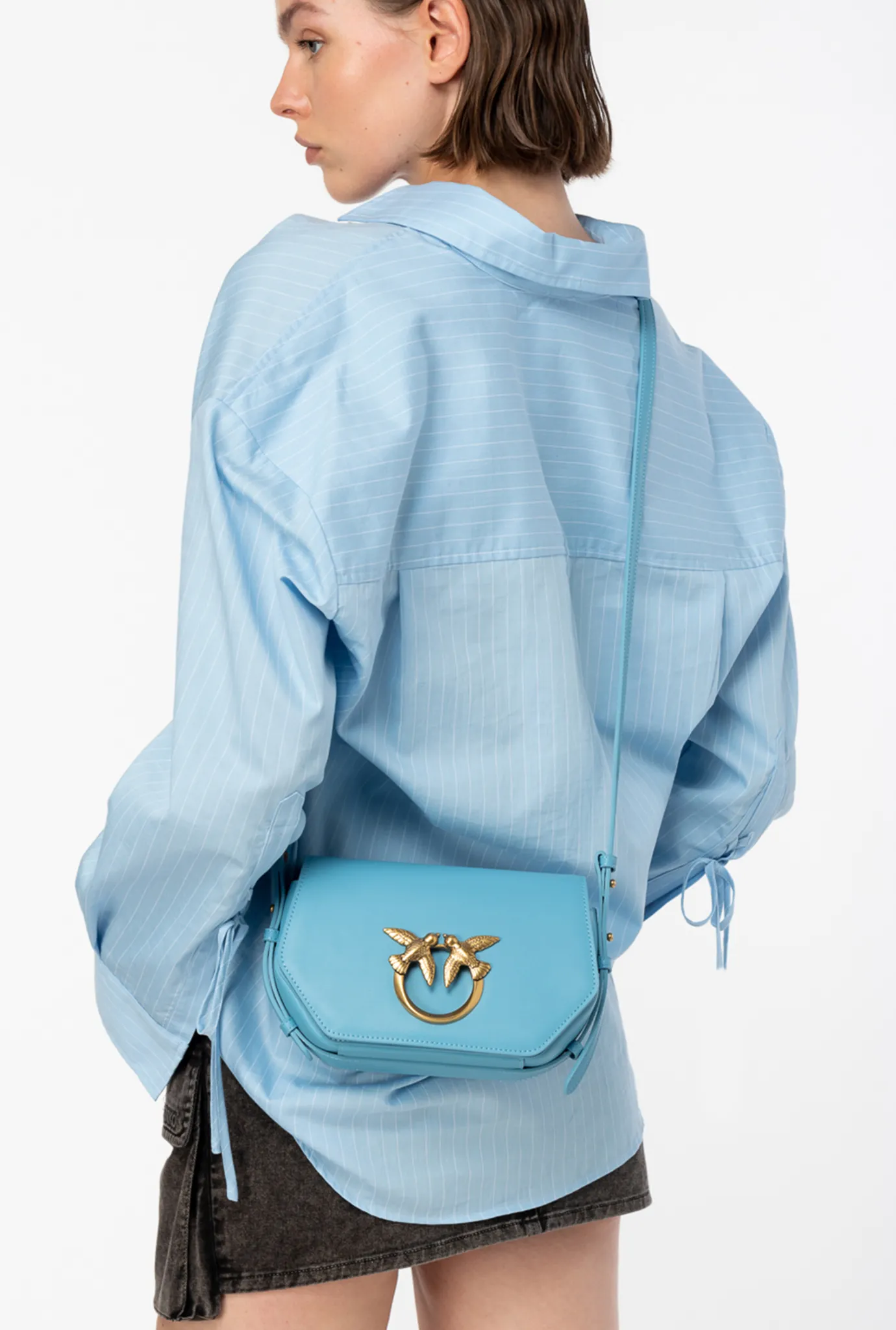 Sacs À Main|PINKO Mini Love Bag Click Exagon Simply Bleu Ciel-Or Antique