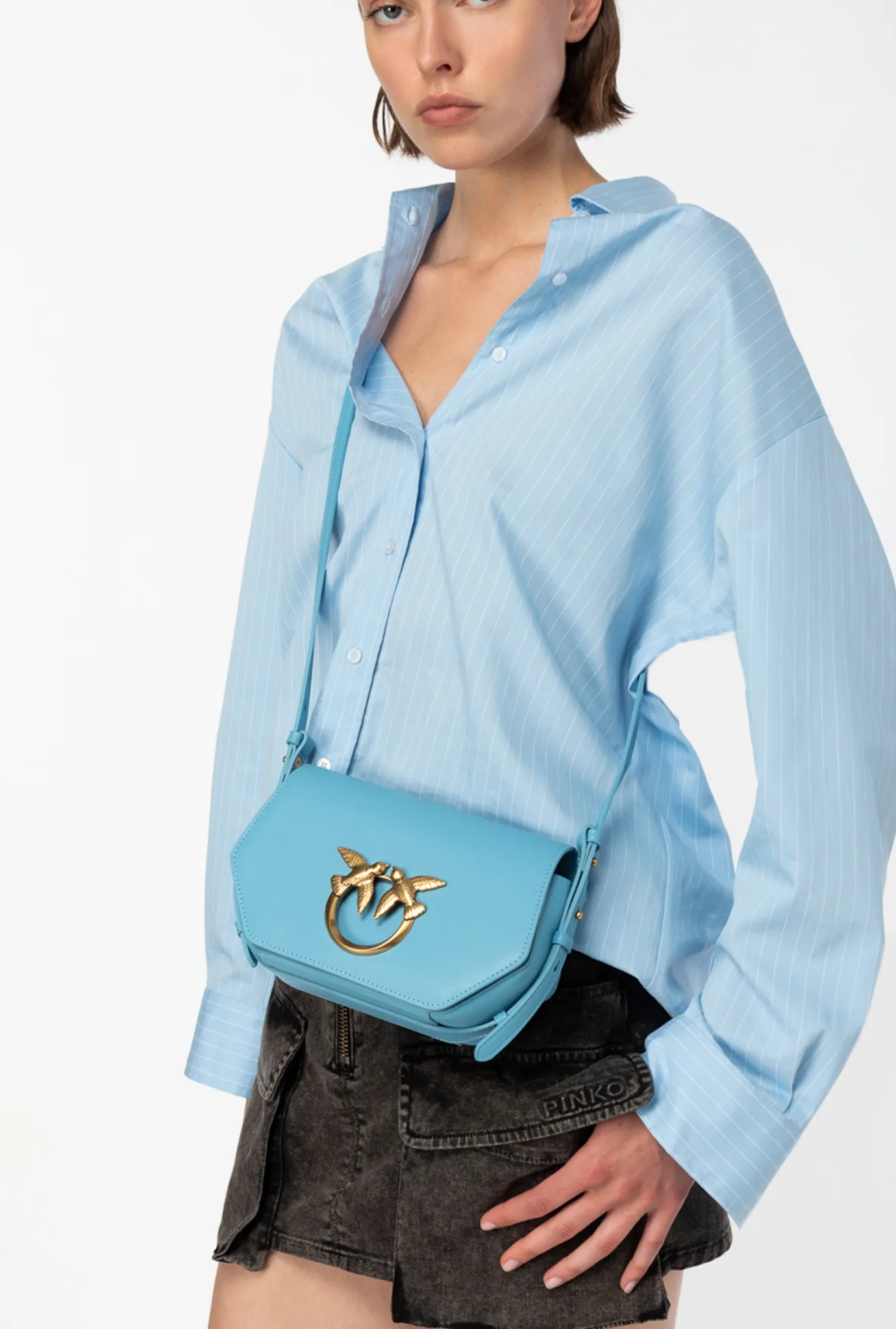 Sacs À Main|PINKO Mini Love Bag Click Exagon Simply Bleu Ciel-Or Antique
