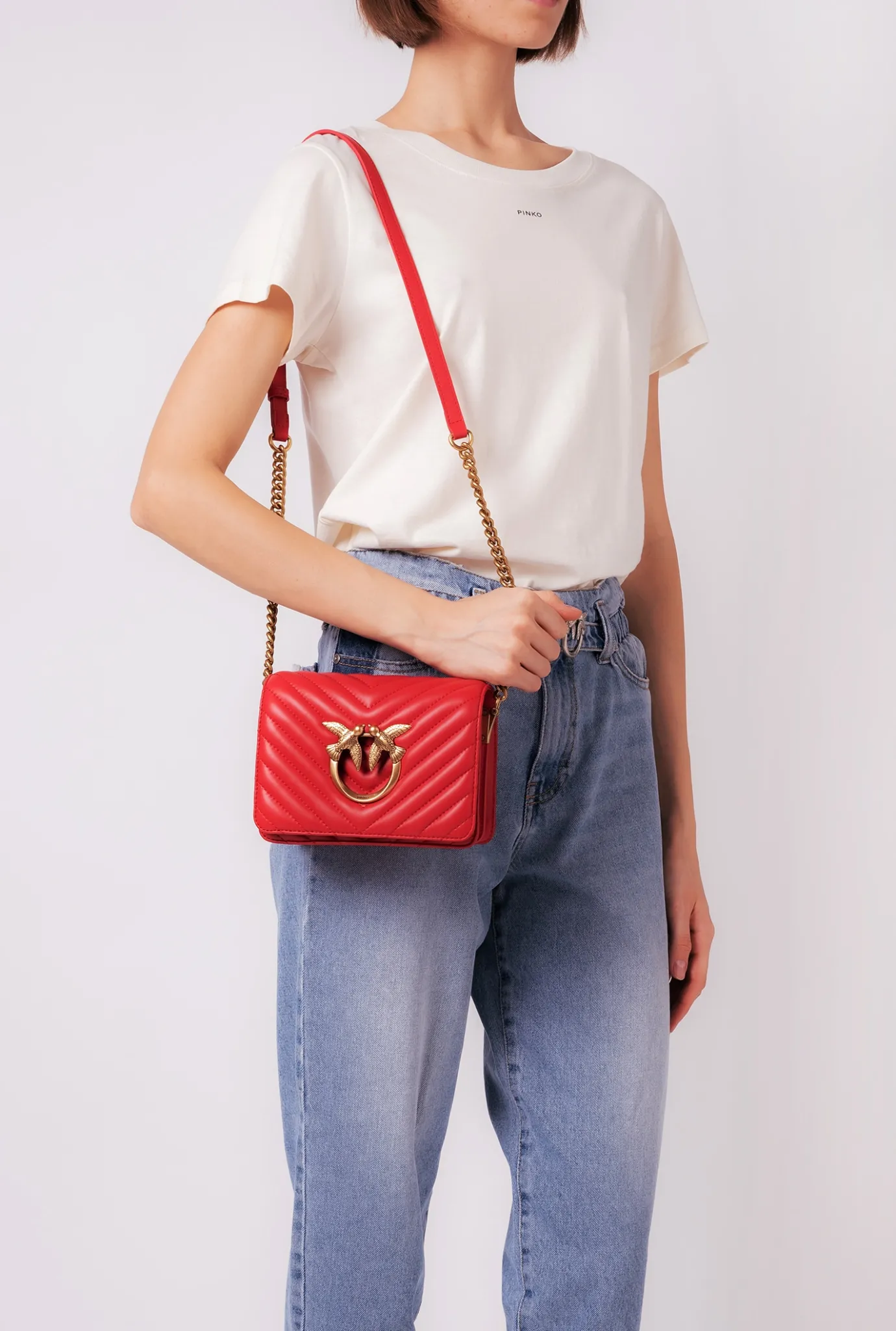 Sacs À Bandoulière|PINKO Mini Love Bag Click V Quilt Rouge-Or Antique