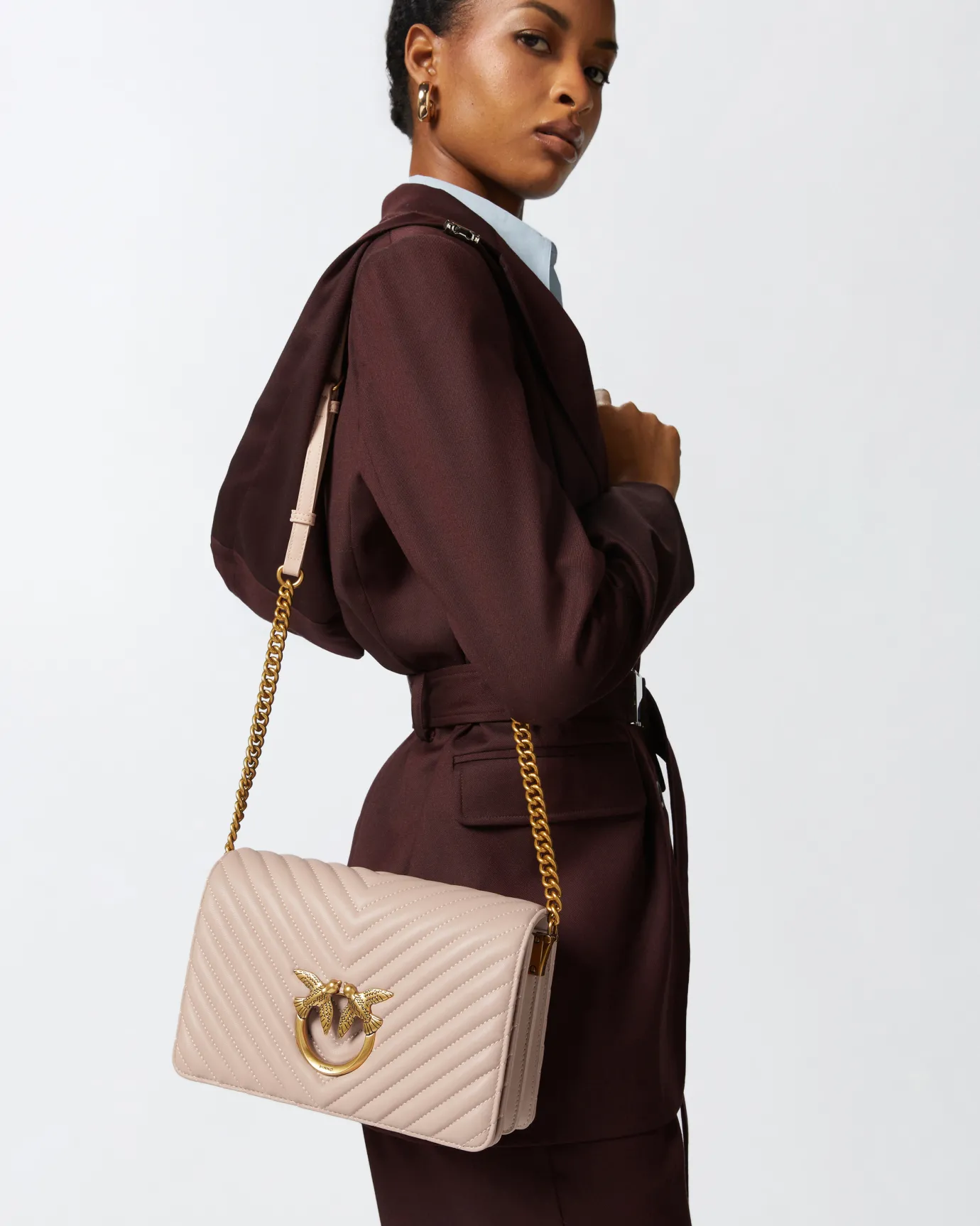 Sacs Portés Épaule|PINKO Mini Love Bag One Chevron Rose/Rose Poudre-Or Antique