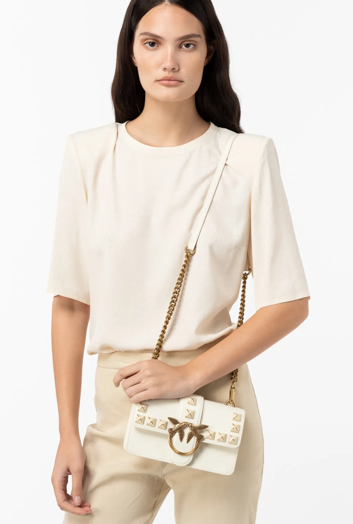 Sacs À Bandoulière|PINKO Mini Love Bag One Painted Studs Blanc+Blanc-Or Antique