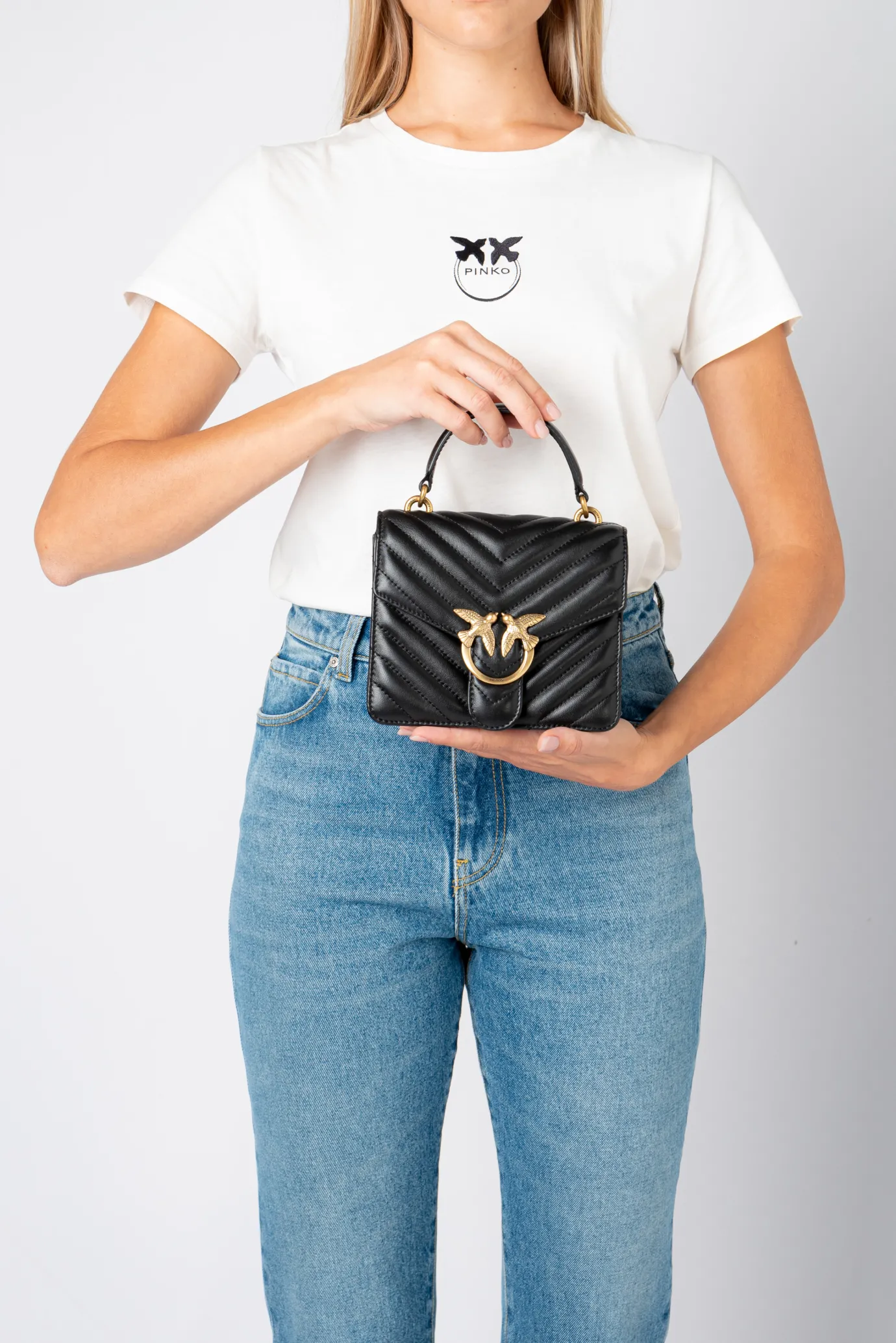 Sacs À Main|PINKO Mini Love Bag Top Handle Chevron Noir-Vieil Or
