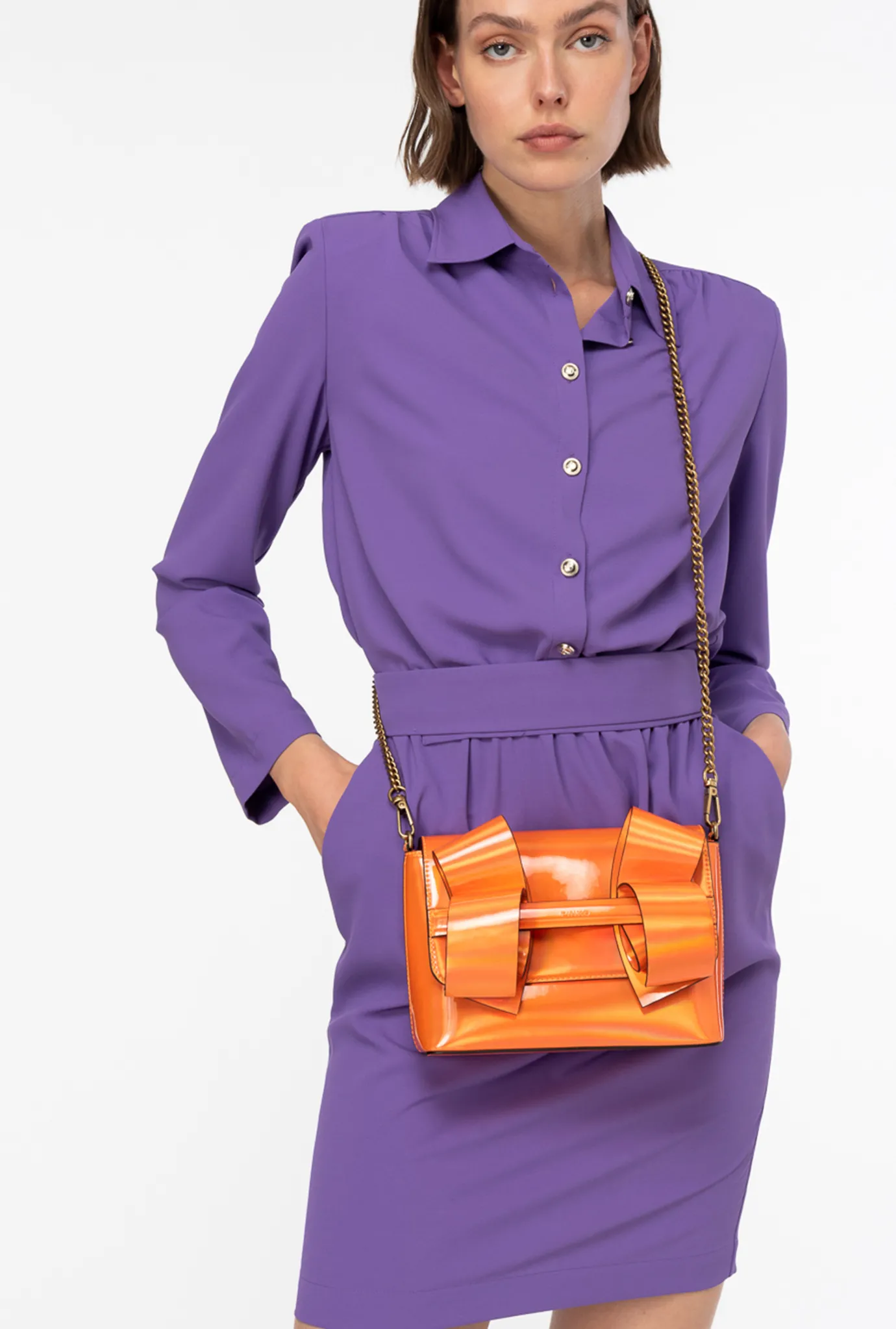 Pochettes|PINKO Mini Pochette Aika Effet Miroir Orange Vif-Or Antique